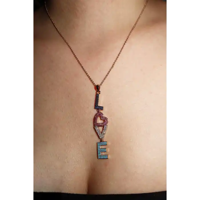 Altın Renk Love Yazılı Taş Detaylı YSX Kolye