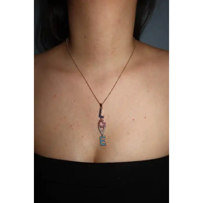 Altın Renk Love Yazılı Taş Detaylı YSX Kolye