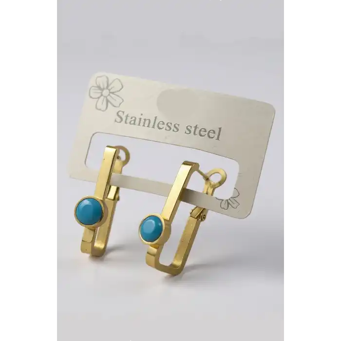 Altın Renk Mavi Taş Detaylı Çelik Küpe (Çift)