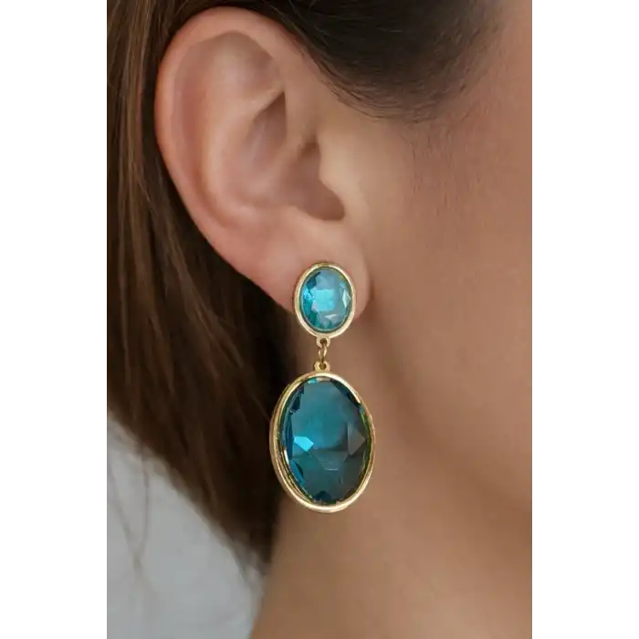 Altın Renk Mavi Taş Detaylı Çelik Küpe (Çift)