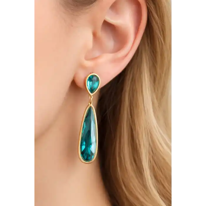 Altın Renk Mavi Taş Detaylı Çelik Küpe (Çift)