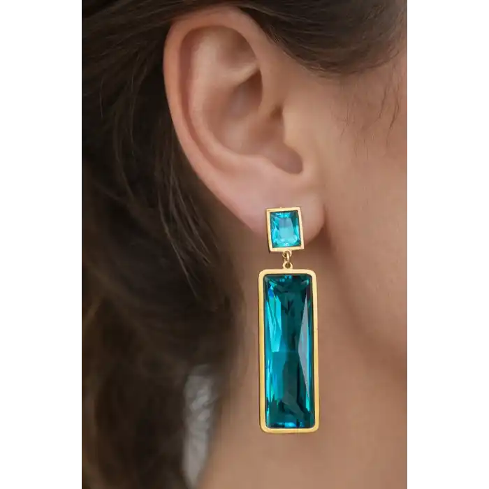 Altın Renk Mavi Taş Detaylı Çelik Küpe (Çift)