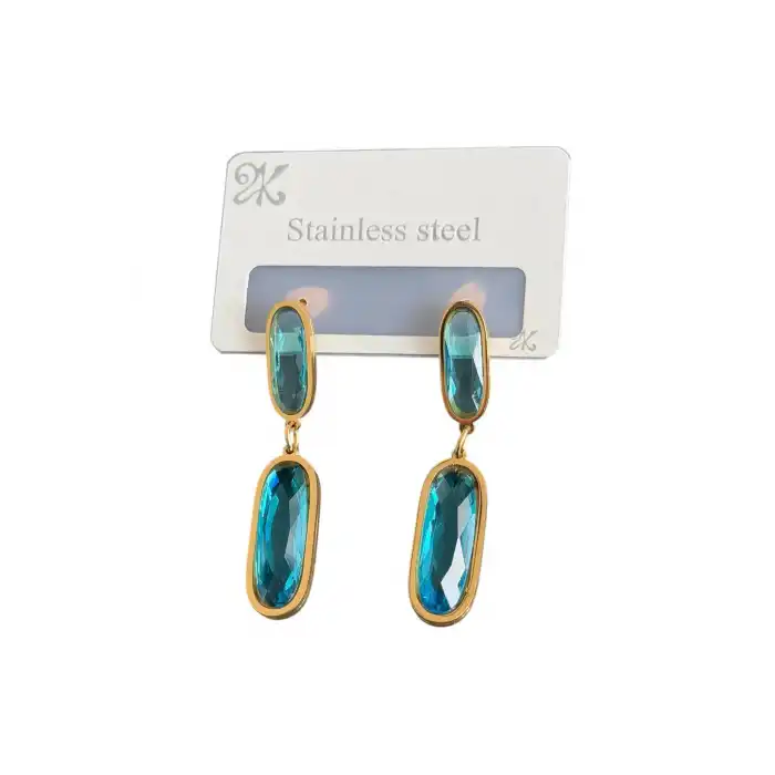 Altın Renk Mavi Taş Detaylı Çelik Küpe (Çift)