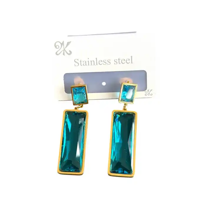 Altın Renk Mavi Taş Detaylı Çelik Küpe (Çift)