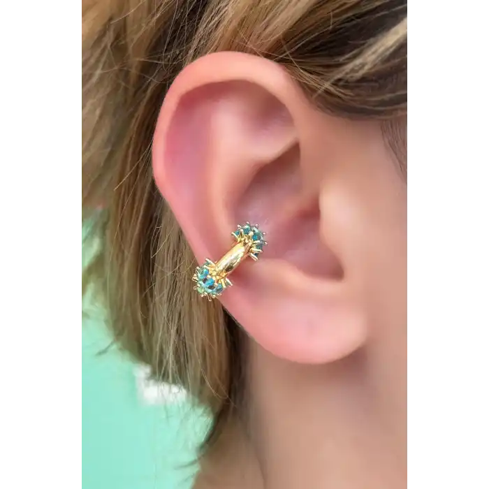 Altın Renk Mavi Taş Detaylı Ear Cuff (Tek)