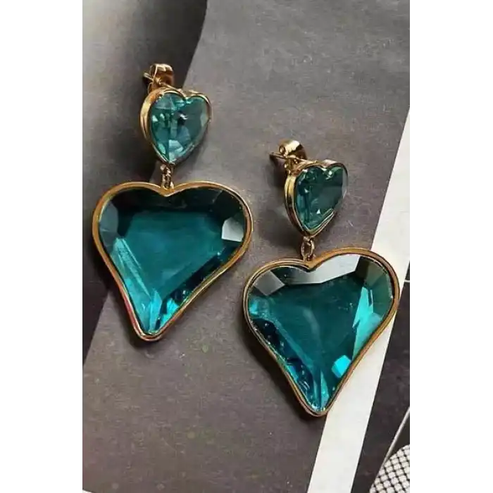 Altın Renk Mavi Taş Detaylı Kalp Figürlü Çelik Küpe (Çift)