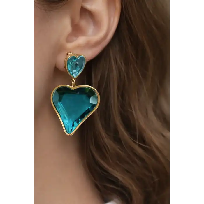 Altın Renk Mavi Taş Detaylı Kalp Figürlü Çelik Küpe (Çift)