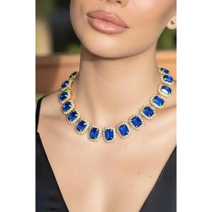 Altın Renk Mavi Taş Detaylı Tasarım Abiye Kolye