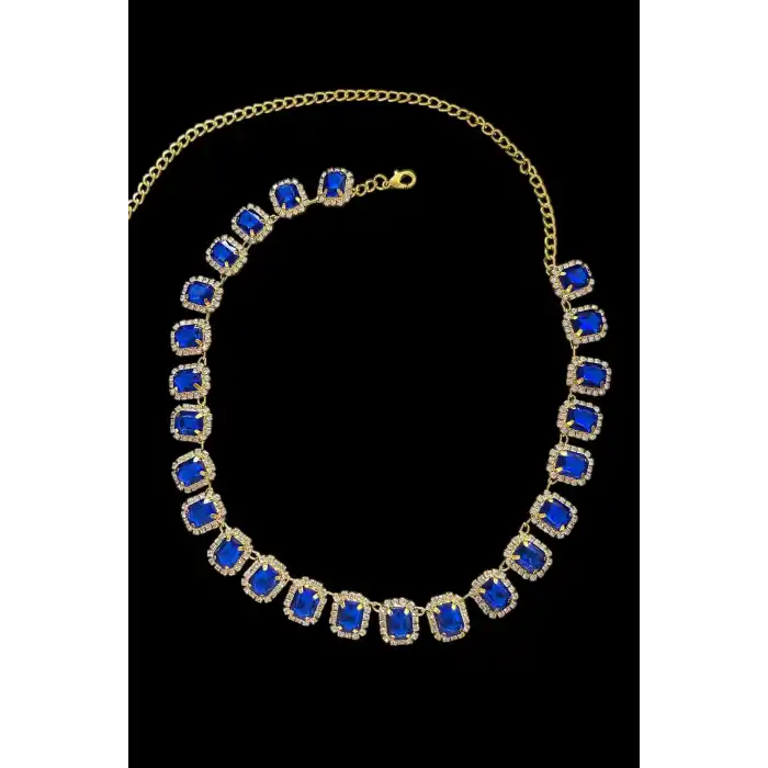 Altın Renk Mavi Taş Detaylı Tasarım Abiye Kolye