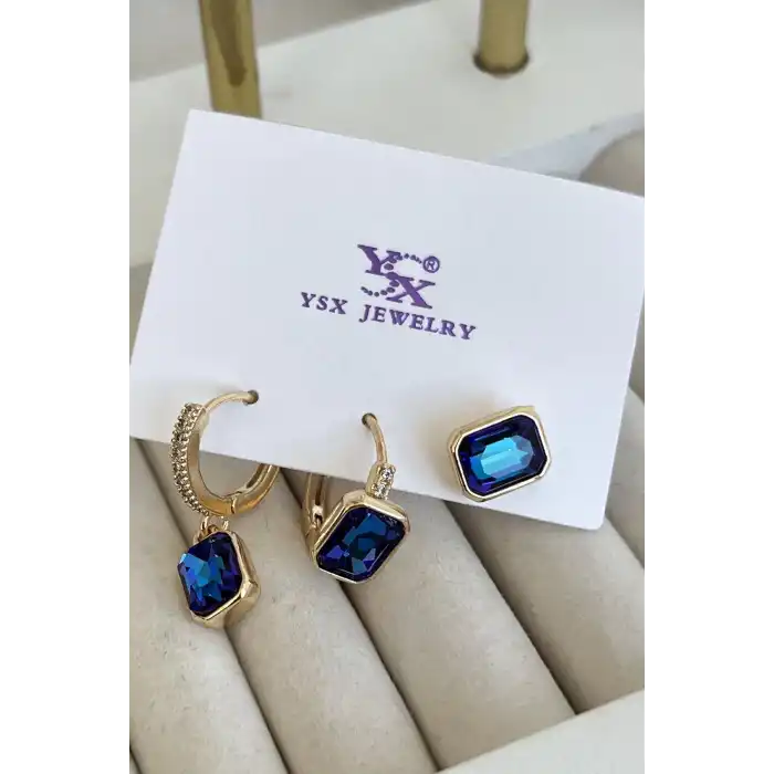 Altın Renk Mavi Taş Detaylı VİP 3lü YSX Küpe Set