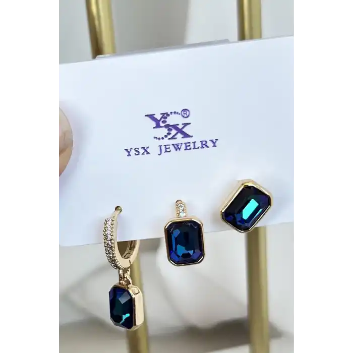 Altın Renk Mavi Taş Detaylı VİP 3lü YSX Küpe Set