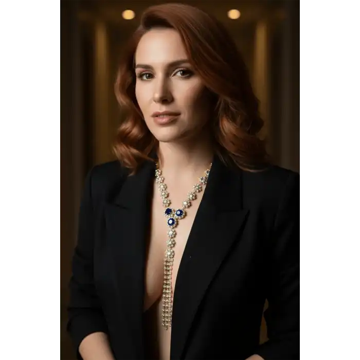 Altın Renk Mavi Taş Detaylı Vücut Aksesuarı