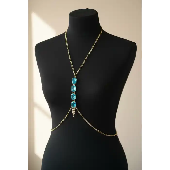 Altın Renk Mavi Taş Detaylı Vücut Aksesuarı