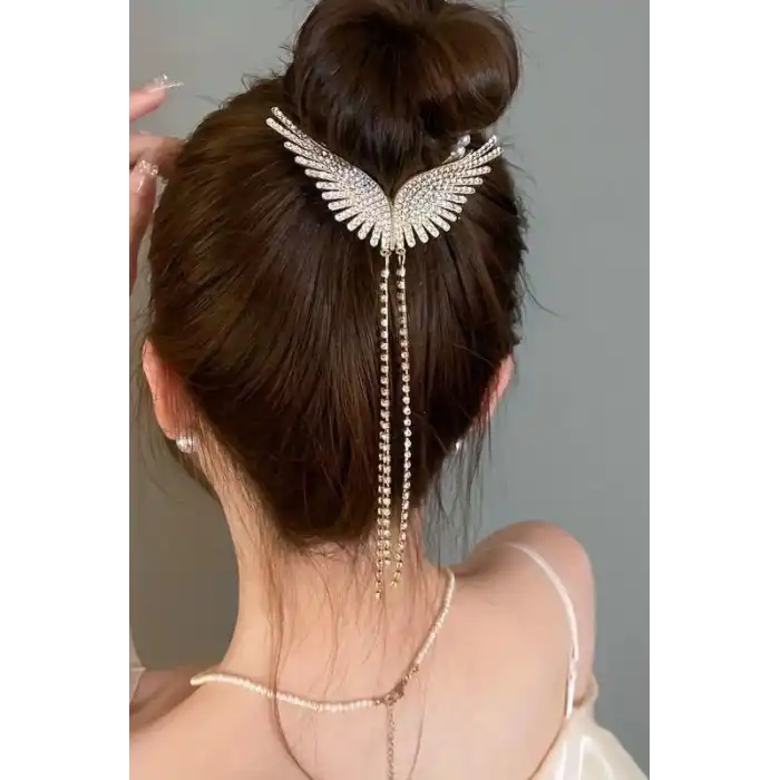 Altın Renk Melek Kanadı Figürlü İnci Ve Taş Detaylı Topuz Toka