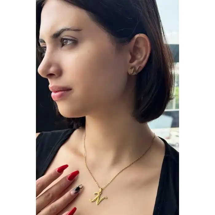Altın Renk N Harf Figürlü Küpe Ve Kolye Set
