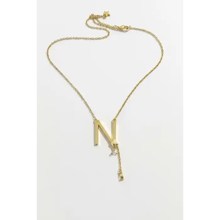 Altın Renk N Harfli Taş Detaylı Çelik Kolye