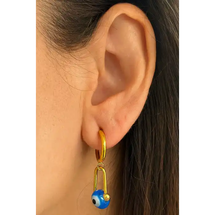 Altın Renk Nazar Boncuk Figürlü Çelik Küpe (Çift)