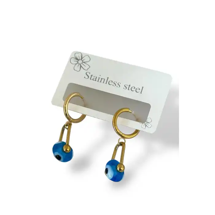 Altın Renk Nazar Boncuk Figürlü Çelik Küpe (Çift)