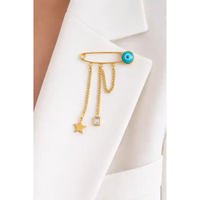 Altın Renk Nazar Boncuk Figürlü Kilitli İğne Figürlü Çelik Küpe (Çift)