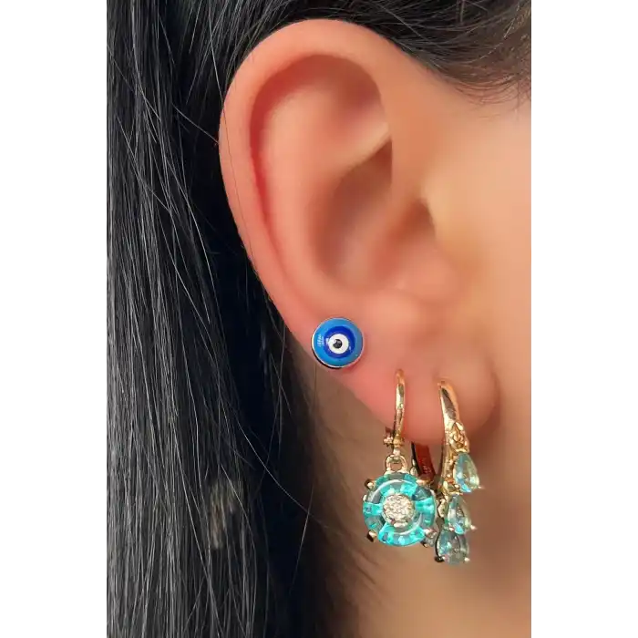 Altın Renk Nazar Boncuk Figürlü Taş Detaylı 3lü YSX Küpe Set