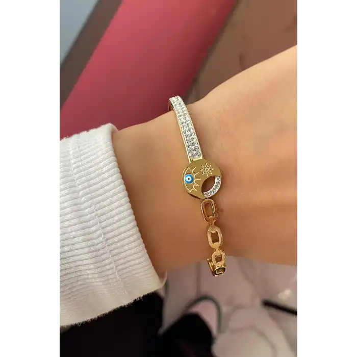 Altın Renk Nazar Boncuk Figürlü Taş Detaylı Çelik Kelepçe Bileklik