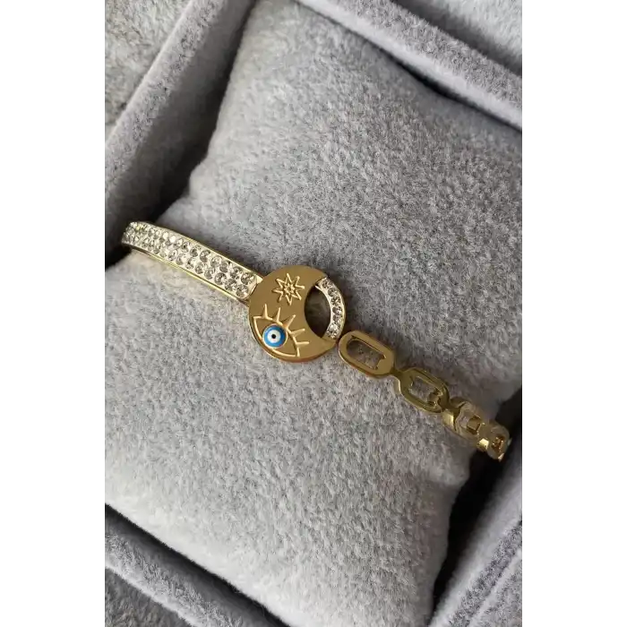 Altın Renk Nazar Boncuk Figürlü Taş Detaylı Çelik Kelepçe Bileklik