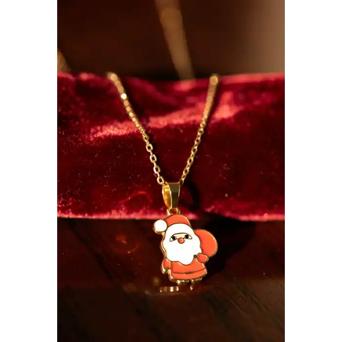 Altın Renk Noel Baba Figürlü Çelik Yılbaşı Kolyesi