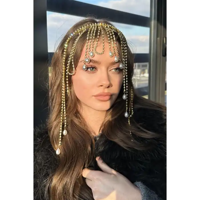 Altın Renk Özel Tasarım Taş Ve İnci Detaylı Su Yolu Taç