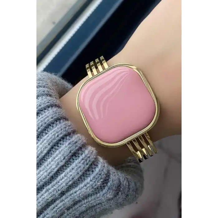 Altın Renk Pembe Taş Detaylı Çelik Kelepçe Bileklik