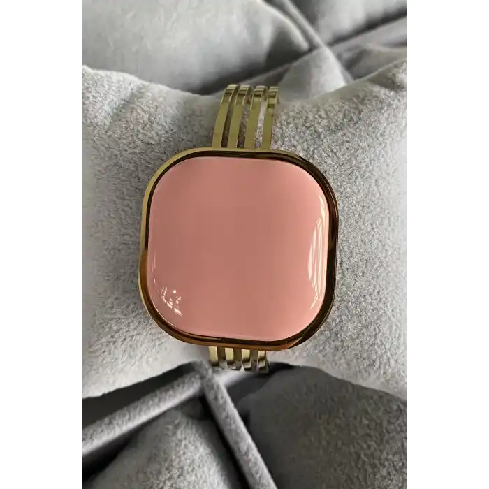 Altın Renk Pembe Taş Detaylı Çelik Kelepçe Bileklik