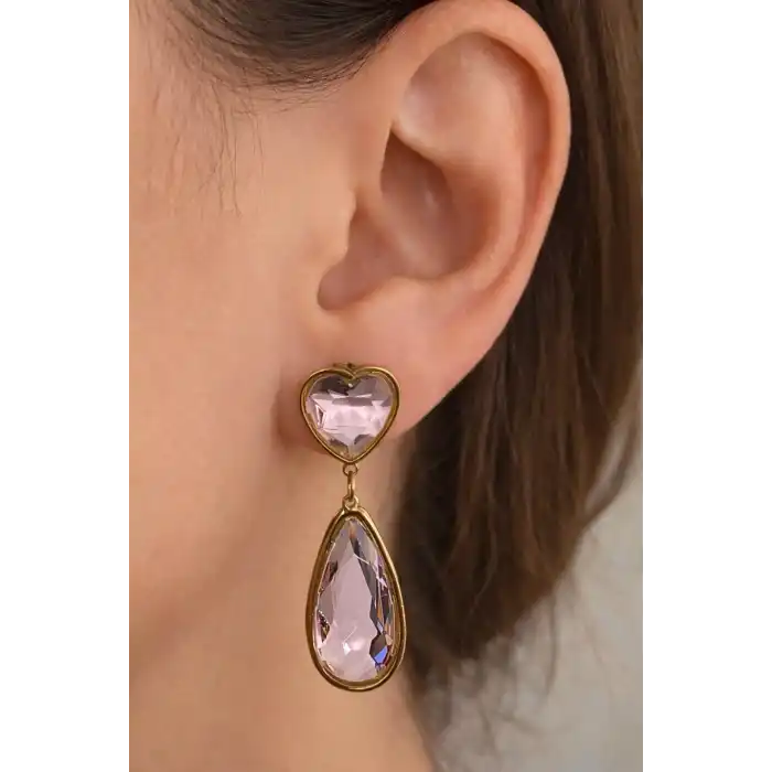 Altın Renk Pembe Taş Detaylı Kalp Figürlü Çelik Küpe (Çift)