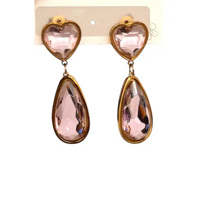 Altın Renk Pembe Taş Detaylı Kalp Figürlü Çelik Küpe (Çift)