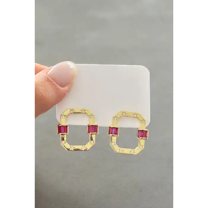 Altın Renk Pembe Taş Detaylı Küpe (Çift)