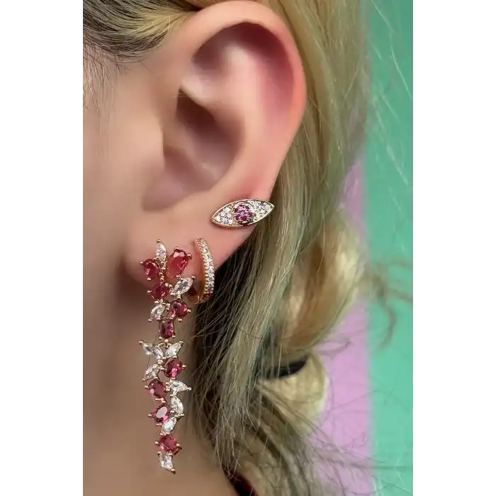 Altın Renk Pembe Taş Detaylı VİP 3lü YSX Küpe Set