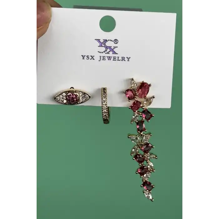 Altın Renk Pembe Taş Detaylı VİP 3lü YSX Küpe Set