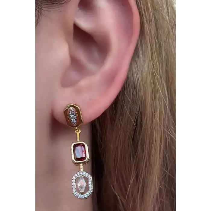 Altın Renk Pembe Taş Detaylı YSX Küpe (Çift)