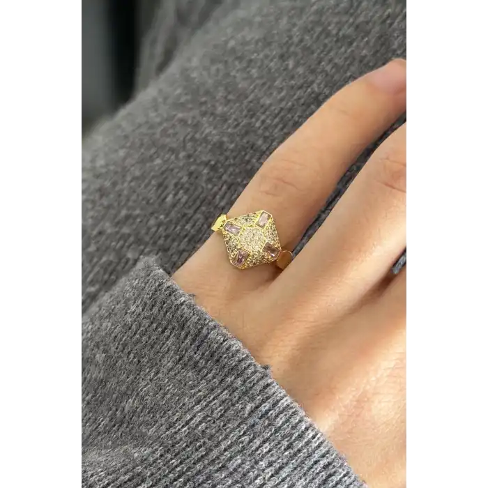 Altın Renk Pembe Taşlı Serçe Parmak Yüzük (Ayarlanabilir)