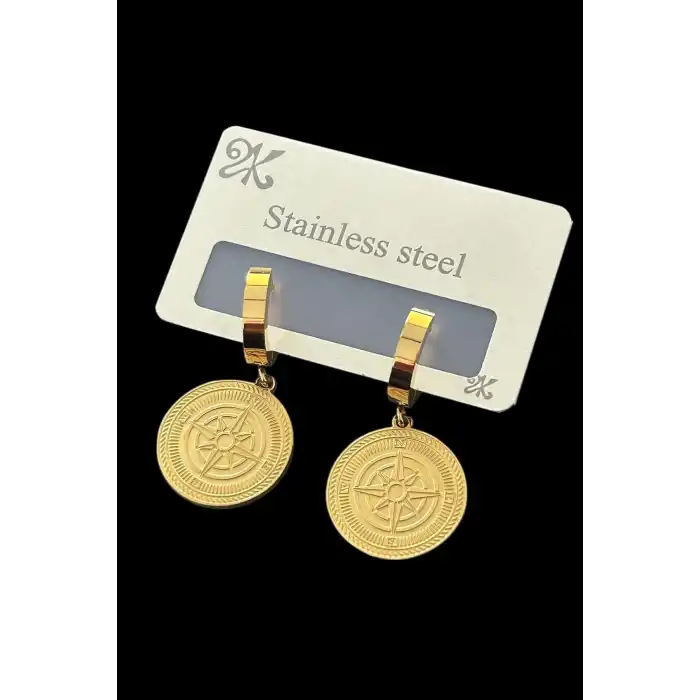 Altın Renk Pusula Figürlü Çelik Küpe (Çift)