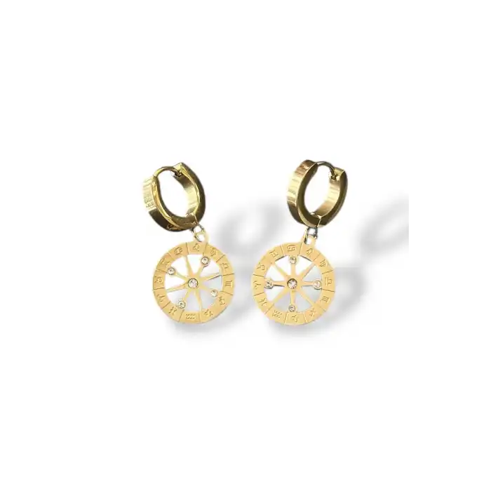 Altın Renk Pusula Figürlü Taş Detaylı Çelik Küpe (Çift)