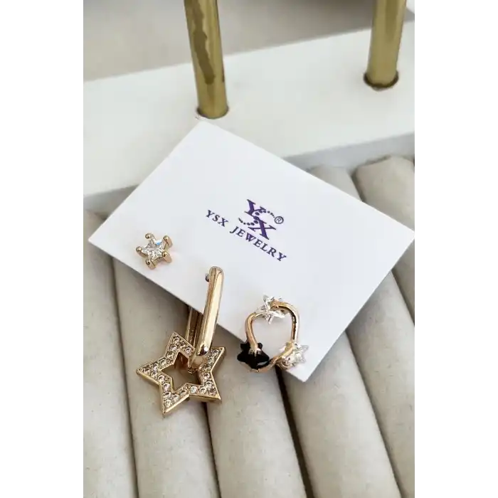 Altın Renk Renk Taş Detaylı VİP 3lü YSX Küpe Set