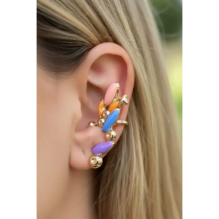 Altın Renk Renkli Taş Detaylı 14K Altın Kaplama TX Ear Cuff (Tek)