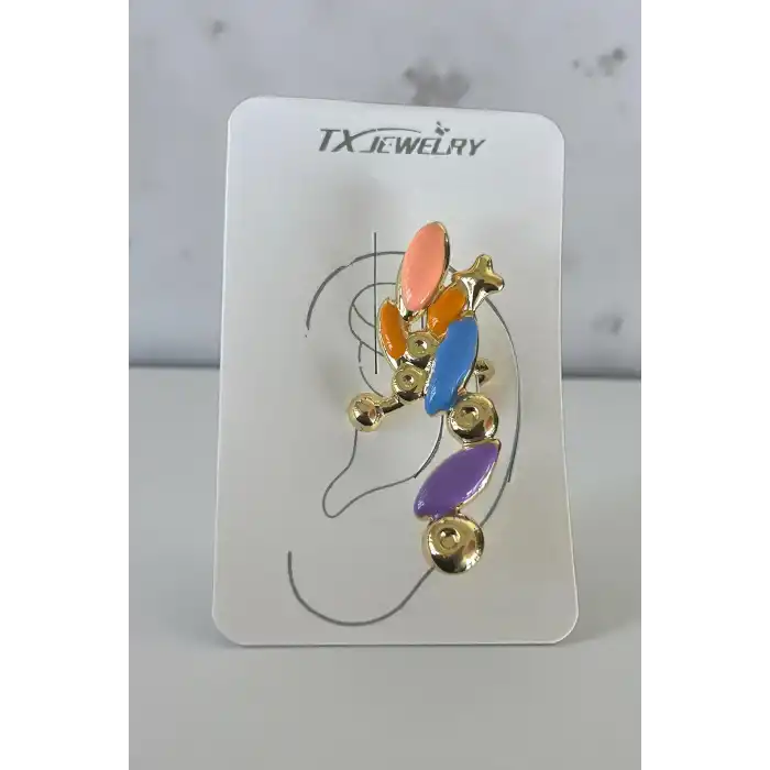 Altın Renk Renkli Taş Detaylı 14K Altın Kaplama TX Ear Cuff (Tek)