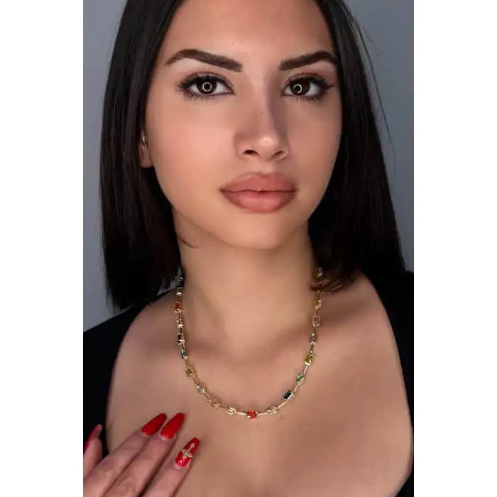 Altın Renk Renkli Taş Detaylı 14K Altın Kaplama VİP Kolye