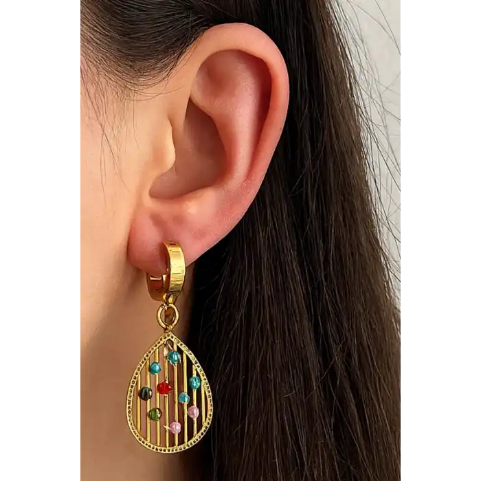 Altın Renk Renkli Taş Detaylı Çelik Küpe (Çift)