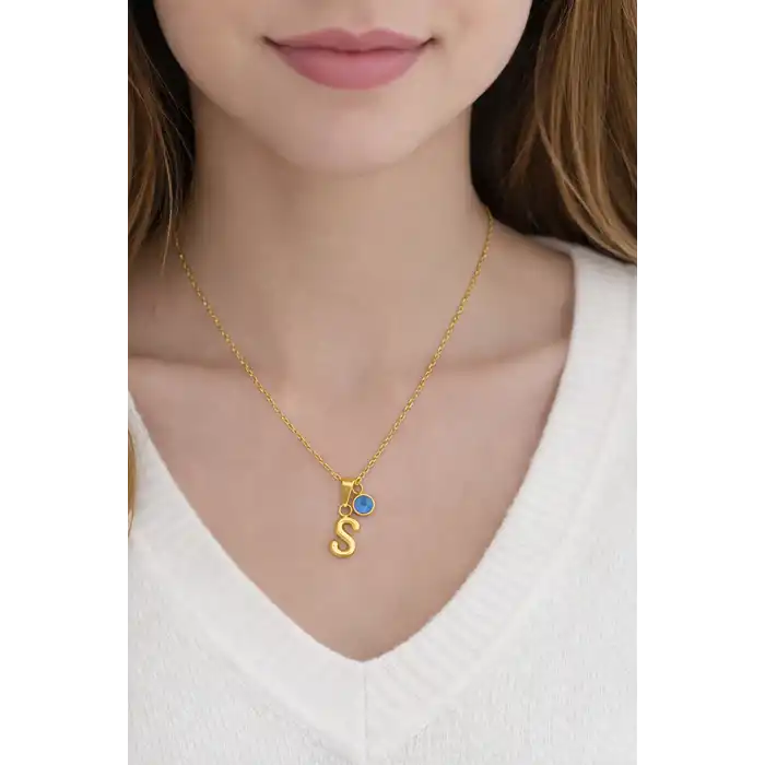 Altın Renk S Harfli Nazar Boncuk Detaylı Çelik Kolye