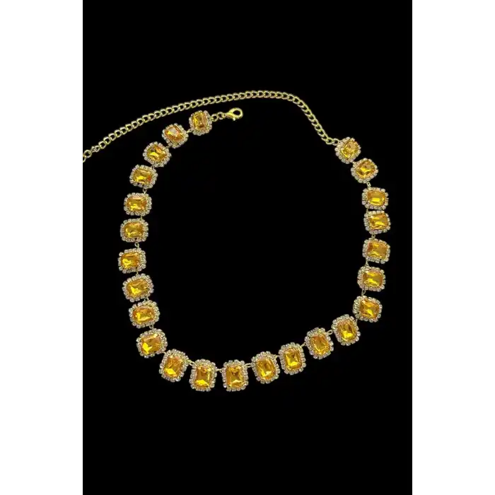 Altın Renk Sarı Taş Detaylı Tasarım Abiye Kolye