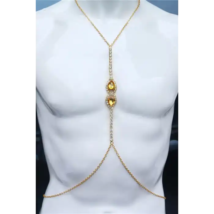 Altın Renk Sarı Taş Detaylı Tasarım Vücut Aksesuar