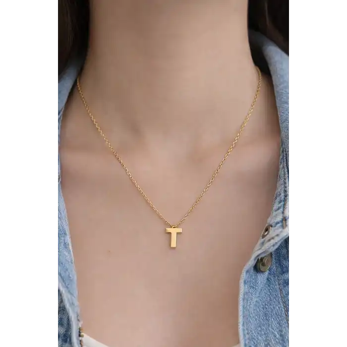 Altın Renk T Harf Çelik Kolye
