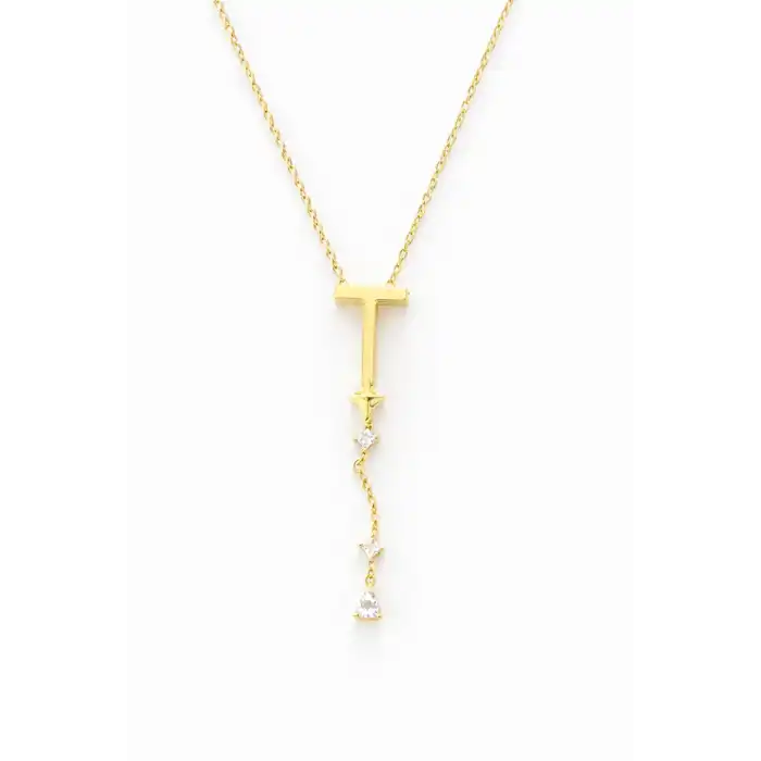 Altın Renk T Harfli Taş Detaylı Çelik Kolye