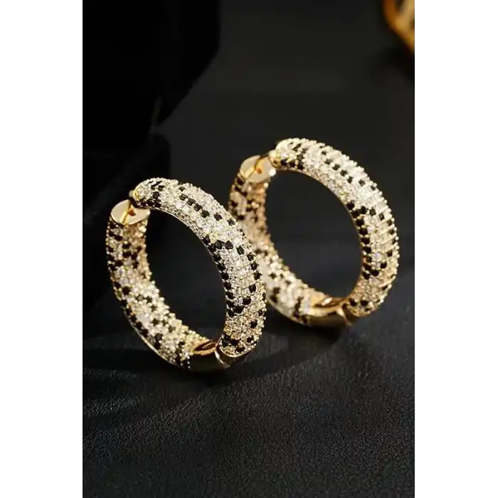 Altın Renk Taş Detaylı 14K Altın Kaplama Halka Küpe (Çift)